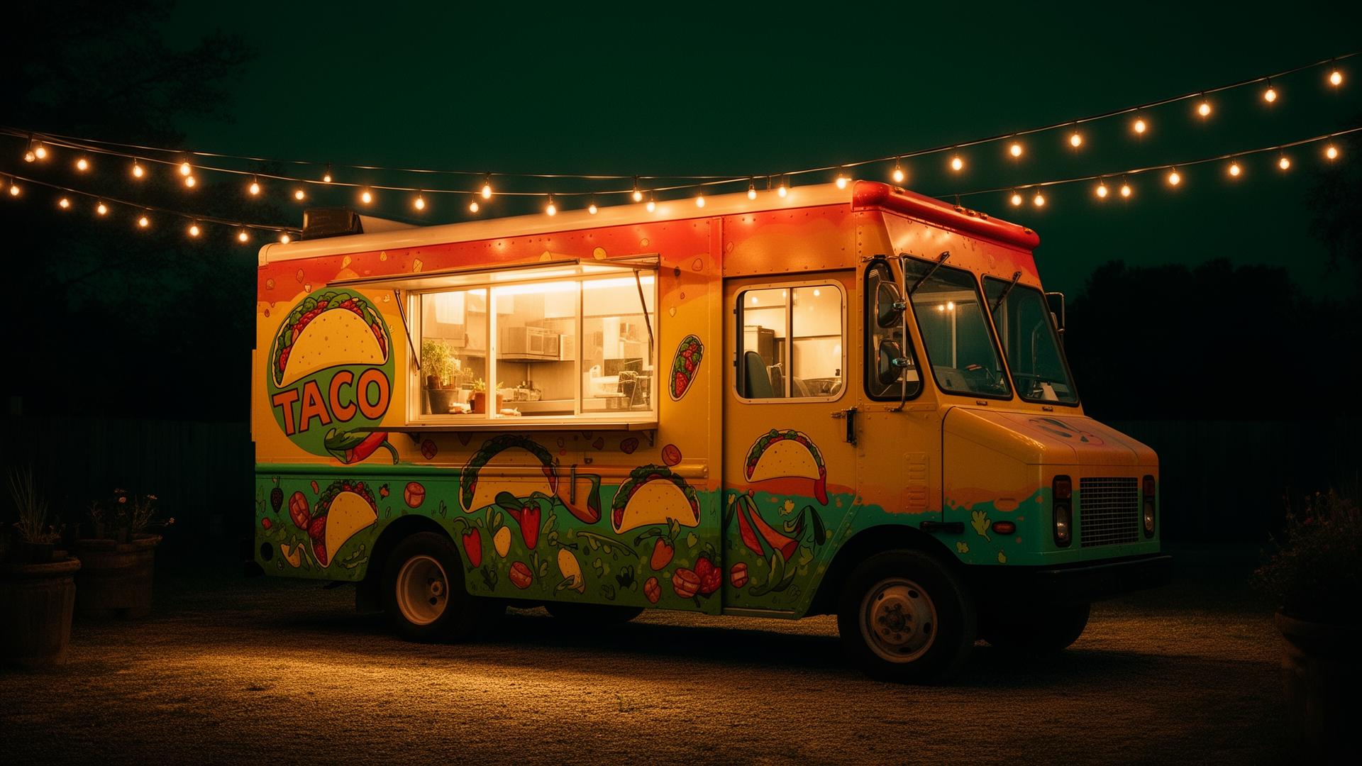 Taco food truck under string lights