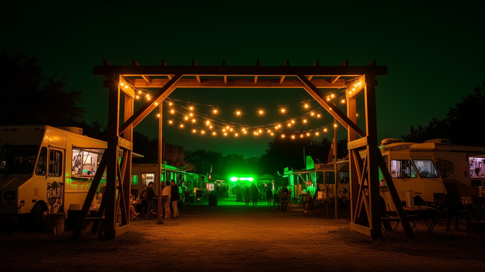 Area 51 Food Park entrance under string lights at night